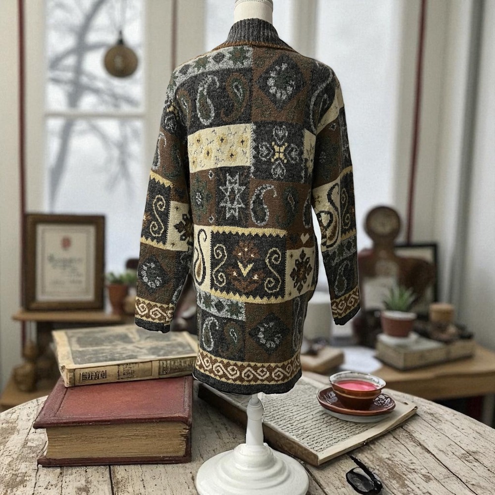 Baxter & Wells‎ Brown Paisley Print Wool Blend Open Knit Cardigan Sweater Size S